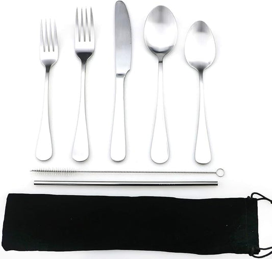 JASHII Modern Royal 5 Pcs Matte Silver 18/10 Stainless Steel Utensils Cutlery Dinnerware Set w/Drinking Straw, Knife Fork and Spoon Flatware Set for Wedding Festival Christmas Party Service for 1