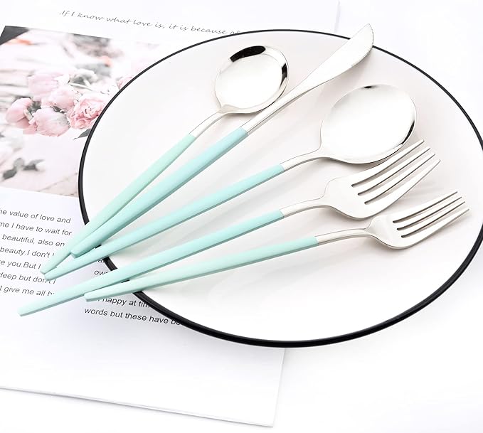 30-Piece Snplowum Mirror Flatware Serving Set, 18/0 Stainless Steel Dinnerware With Mint Green Handle, Modern Durable Home Kitchen Eating Tableware Set Service For 6 (Mint Green Silver)