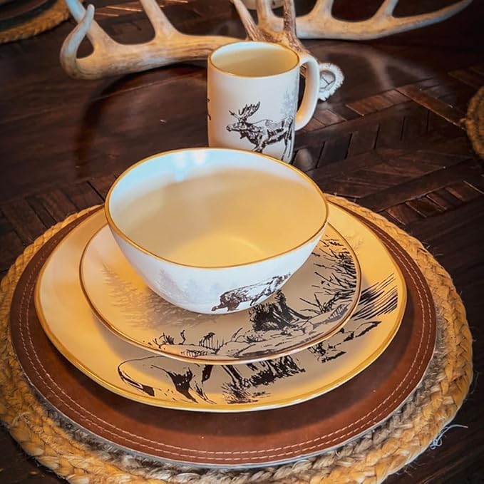 Paseo Road White Pine 16 Piece Ceramic Dinnerware Set, Pine Tree Bear Deer Moose Fox Print, Modern Rustic Cabin Lodge Dish Set with Plates, Bowls, Mugs