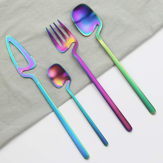 18/10 Stain Multicolor Flatware Serving Set Silverware Set 304 Stainless Steel Flatware Cutlery Set| 4-Piece Adaline Royal Modern Matte Finish|Christmas Birthday Wedding Gift (Rainbow)