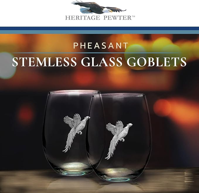 Heritage Pewter Pheasant Stemless Glass Goblets – Set of 2 | 15 OZ Goblet Wine Glasses | Expertly Crafted Pewter Glass