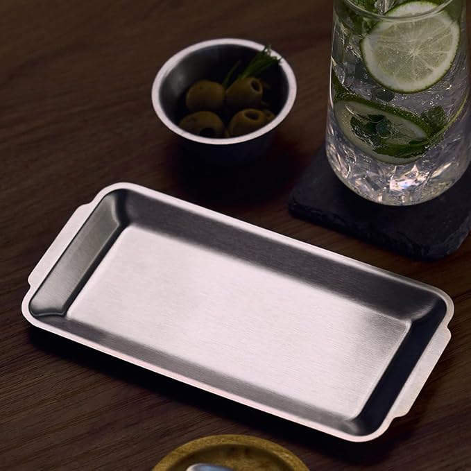 SUS304 Stainless Steel Serving Platters, Rectangle Metal Dinner Plate with Handles, Decorative Tray, Lightweight, Cheese Board, Oven Safe (10.43 x 5.91 inches)