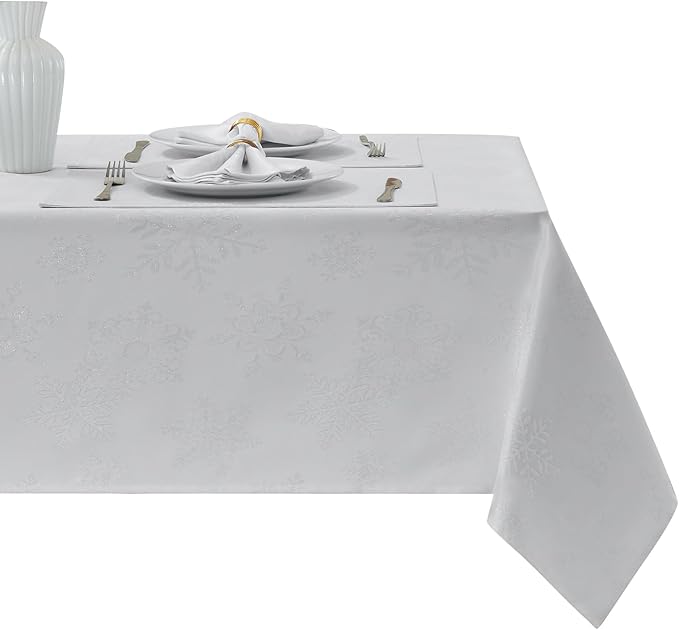 Rectangle Fancy Metallic Sparkling Snowflake Christmas Fabric Table Cloth red Hunter Gold Navy White Silver No-Iron Soil Resistant Woven Holiday Table Cover(White Silver/60x144Inch)