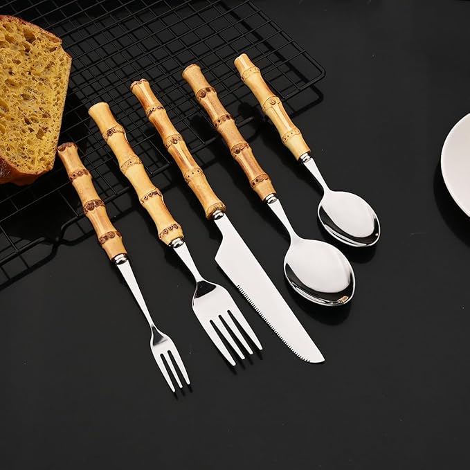 JASHII 20-piece Silver Stainless Steel Flatware Cutlery Set Silverware Knife Fork Spoon Set Bamboo Handle Dishwasher Safe for Dinner Buffet