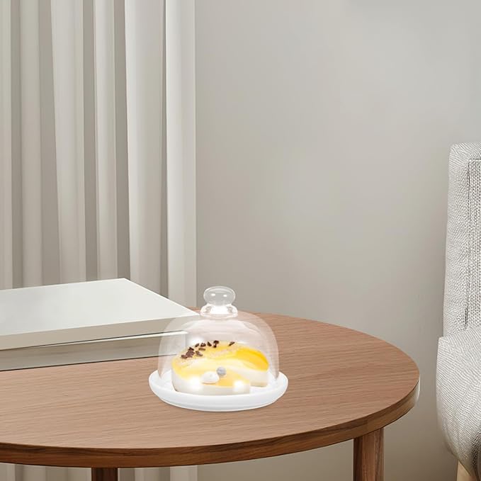 DOITOOL Ceramic Cake Stand with Glass Dome Cover White Ceramic Cake Plate Server Round Clear Glass Dome Dessert Plate for Home Kitchen Party Use, 5.9 x5.9 x 4.7 inches