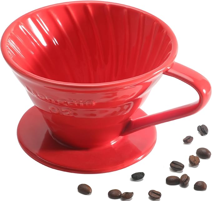Mongdio Ceramic Pour Over Coffee Dripper, Reusable Porcelain Portable Pour Over Coffee Maker, Slow Brewing Accessories with 1 Holes for Home - Size 02 Red