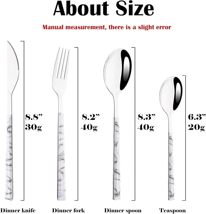 24Pcs White Imitation Marble Pattern Handle Flatware Silverware Set, Stainless Steel Cutlery Set for 6, Square Handle Eating Utensils, Mirror Polished for Home Kitchen Bar Restaurant
