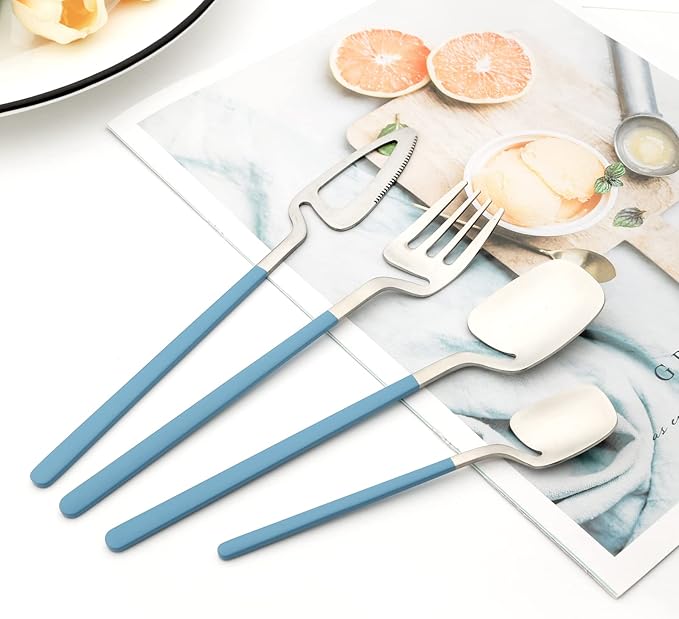 8 Pcs 304 Stainless Steel Flatware Set For 2 People, Matte Creative Hanging Cutlery With Bright Blue Handles, Daily Use For Picnic Travel Hiking Couples And Friends (Blue Silver)