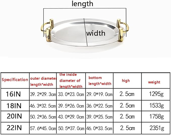 Stainless Steel Serving Tray Oval Decorative Tray with Handle Cafeteria Food Trays for Wedding, Birthday, Family Party (Color : Silver, Size : 20IN)