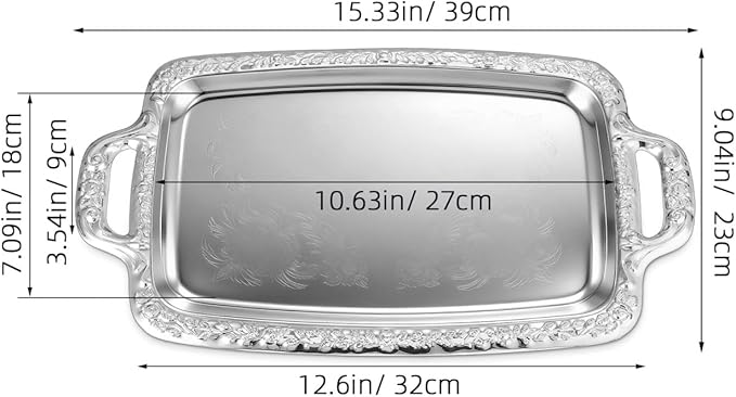 DOITOOL Vintage Silver Serving Tray Metal Decorative Tray for Serving Food Condiments Fruit, Rectangular Tableware for Kitchen Dining Living Room, 15. 35 X 9. 05 Inch