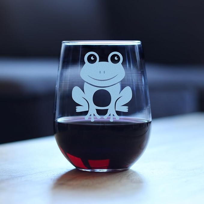 Custom Happy Frog - Personalized Stemless Wine Glass - Themed Gifts and Decor for Frog Lovers - Large 17 Oz - Customized Wine Glass Gift
