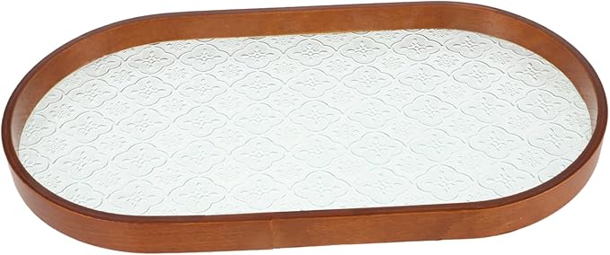 Antique Glass Serving Tray with Wooden Edge Rectangular Fruit and Dessert Platter Portable Snack Tray for Tea Ceremonies and Parties