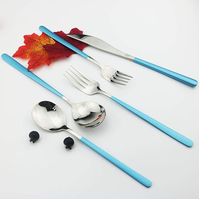 JASHII 20-Piece Silverware Set with Serving Utensils, SUS304 Stainless Steel Flatware Cutlery Set for 4, Eating Utensil Tableware Sets, Mirror Finish(Blue silver)