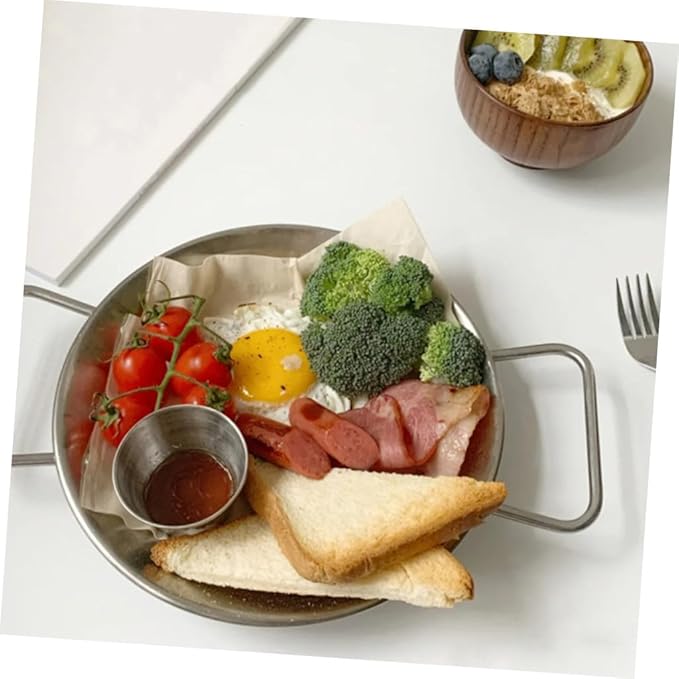 VOSAREA 1pc Stainless Steel Dessert Plate Double Handles Serving Dish for Restaurant Hotel Family Dinner