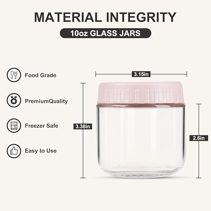Overnight Oats Containers with Lids, 10oz Glass Jars with Lids 8 pcs, Pink, Wide Mouth Mason jars for Salad, Yogurt, Snacks, Meal Prep