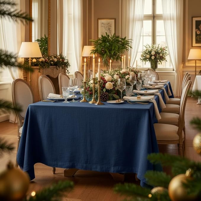 D'Moksha Homes Navy Blue Linen Tablecloth 60 x 84 Inch - 100% Pure Linen Table Cloth for Rectangle Tables - Machine Washable Cloth Tablecloth for Winter, Christmas, Holiday, New Year