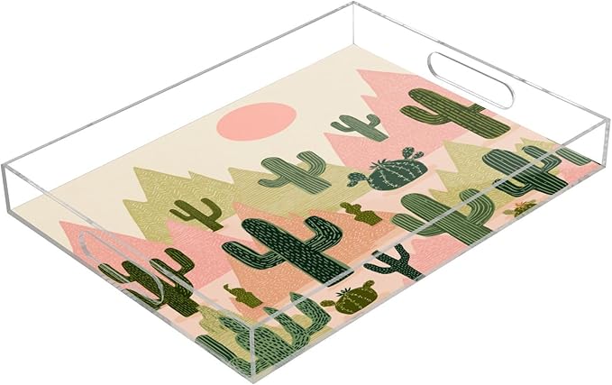 Serving Tray with Handles Clear Acrylic Tray 12x16 Inch Decorative Rectangular Tray Organizer for Ottoman Coffee Table Bathroom Boho Cacti Mountains Sun