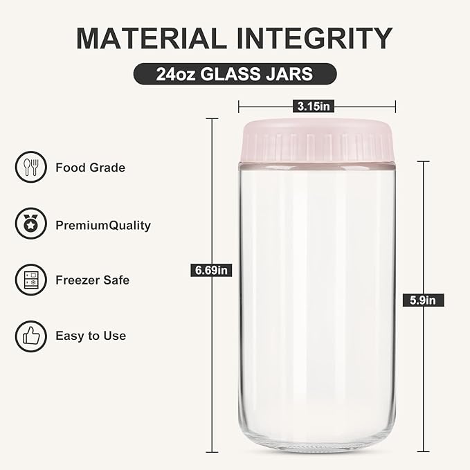 Overnight Oats Containers with Lids, 24oz Glass Jars with Lids 8 pcs, Pink, Wide Mouth Mason jars for Salad, Yogurt, Snacks, Meal Prep