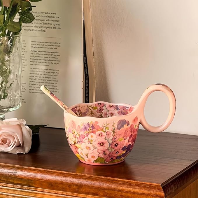 16.91oz/500ml Handpainted Soup Bowl with Handle,Ceramic Cereal Bowl Microwave & Dishwasher Safe,Loop Handle Bowl Great for Soup,Yogurt,Snack,Chip,Stew,Ice Cream,Coffee (Hollyhock-Pink)