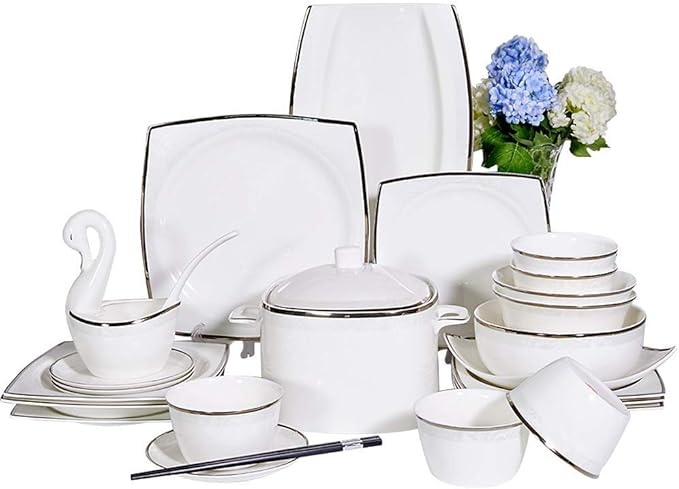 Elegant Fine Dinnerware Set,White Porcelain Dinnerware Set, Ceramic Plates and Bowls Sets, Vintage Lounge Round Dishes Set Dinner Plates for Kitchen Dining, Service for 10