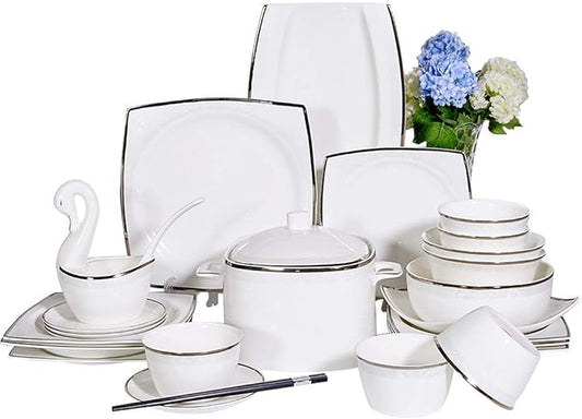 Elegant Fine Dinnerware Set,White Porcelain Dinnerware Set, Ceramic Plates and Bowls Sets, Vintage Lounge Round Dishes Set Dinner Plates for Kitchen Dining, Service for 1