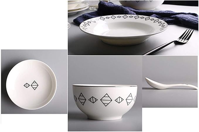 34 Pieces Round Ceramic Dinner Set White Jacquard Pattern Tableware,
