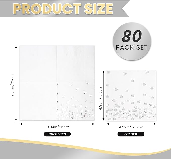 80 Pack of White Paper Cocktail Napkins with Gold Foil Polka Dot Confetti，Polka Dot Party Supplies(5 x 5 in，3-ply) (Silver)