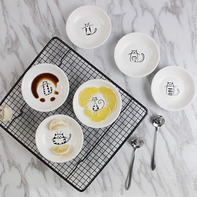 FUYU 6pcs Cute Cat Ceramic Sauce Plate, Snack Plate, Side Dish, 4 inches