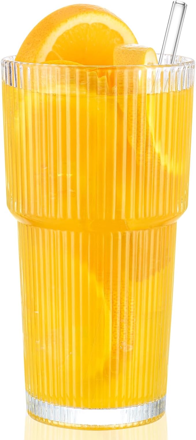 CWHHRN 20 oz Glass Cup and Straw 3 Set, Glass Tumbler with Straw, Vintage Glassware for Whiskey Cocktail Beer, Iced Coffee Cups (3 PACK)