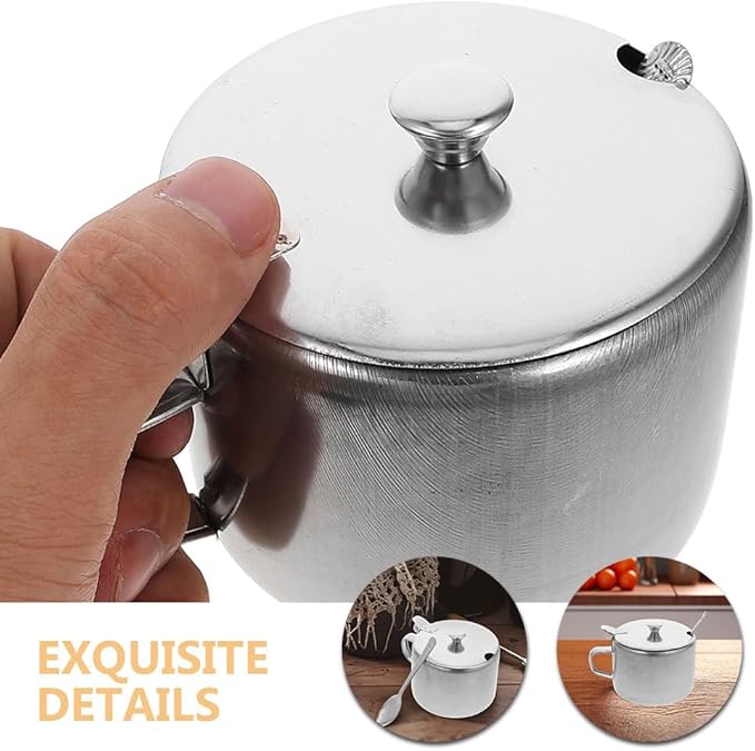 BESTonZON 3 Set Condiment Jars With Lid Spoon 4. 2" Metal Sugar Bowls Stainless Steel Pepper Container Salt Pot Seasoning Bottle For Kitchen Counter
