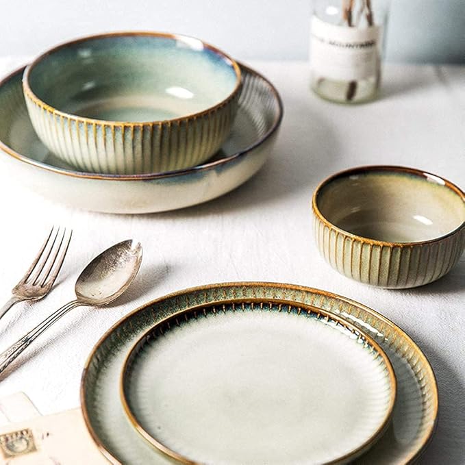 Porcelain Dinnerware Sets Plates and Bowls Sets 16pcs Dinnerware Sets, Ceramics Dinner Set for 4, Sky Brown Tableware Set, Complete Porcelain Combination, Retro Distressed Style