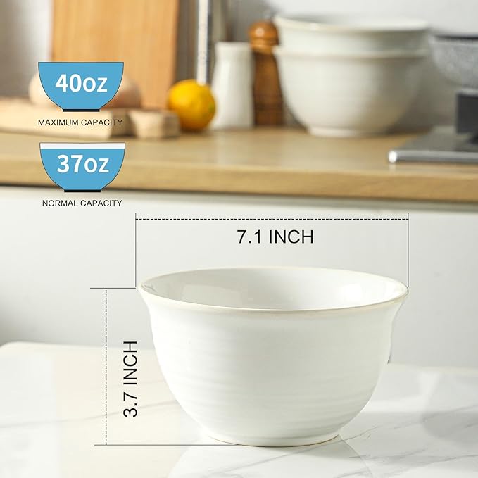 Cereal Bowls Set of 4, 40 Ounce Serving Bowls for Soup Salad Pasta Popcorn Oatmeal Breakfast, Durable Deep Ceramic Bowls, Microwave Safe & Dishwasher Safe, White