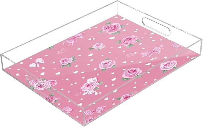 Serving Tray with Handles Clear Acrylic Tray 12x16 Inch Decorative Rectangular Tray Organizer for Ottoman Coffee Table Bathroom Pink Valentine Heart Roses Bows