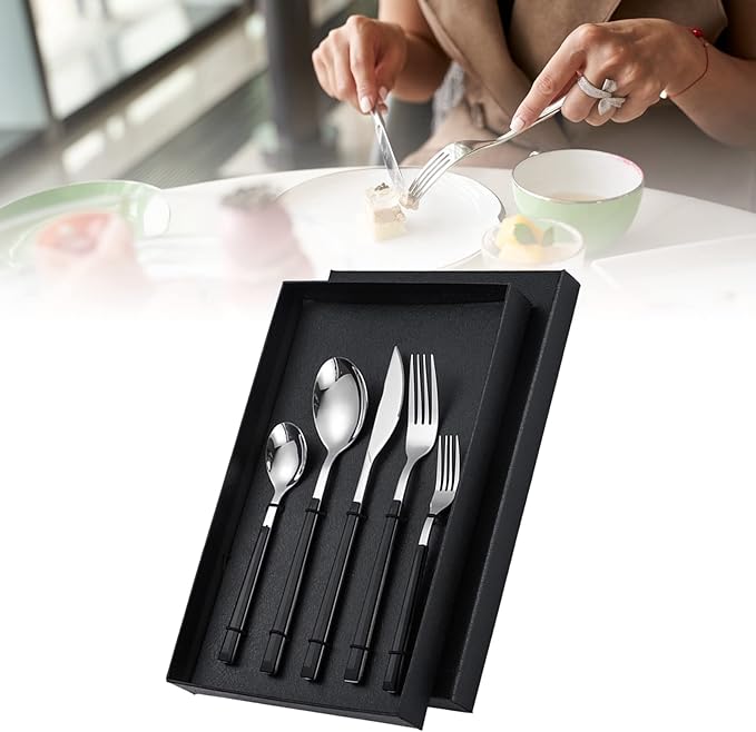 Stainless Steel Dinner Cutlery Set Elegant Flatware Serving Utensils 5 Pieces for Family Gatherings Wedding Picnics, Solid Stainless Steel (Black Handle)