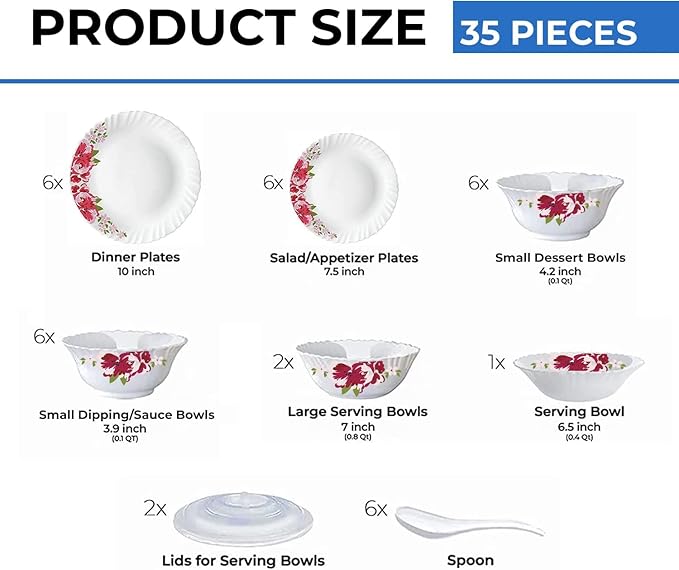 Borosil Gourmet Dinnerware Set For 6, 35 Pieces, White Dinner Plates and Bowls, Chip Resistant Tempered Opal Glass, Stain Resistant, Dishwasher & Microwave Safe Dinner Set For Gifting, Serves 6