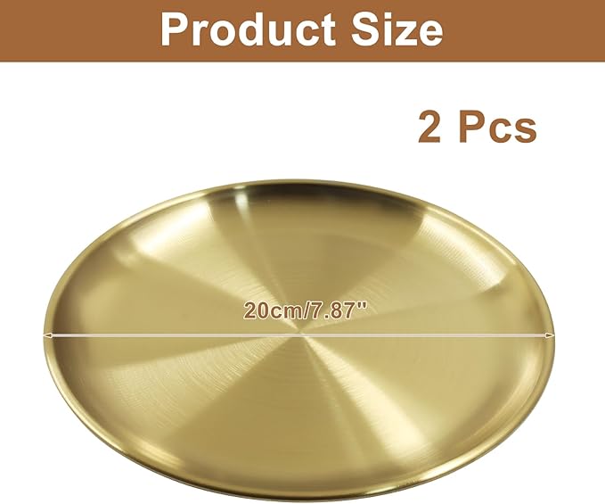 Piutouyar 2 Pcs 20 cm / 7.87 Inch Round Serving Tray, Stainless Steel Circular Metal Platter, Decorative Tray Gold Dinner Dishes for Kitchen, Bathroom, Home