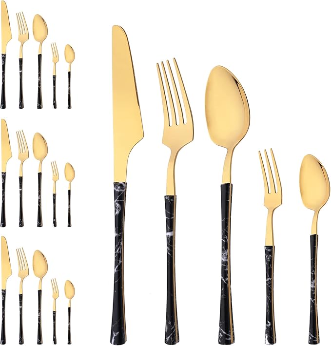 Cooking Black Gold Flatware Set, Stainless Steel Silverware Set 20 Piece with Black Marble Texture, Tableware Cutlery Set Service for 4, Include Knife Fork and Spoon, Dishwasher Safe
