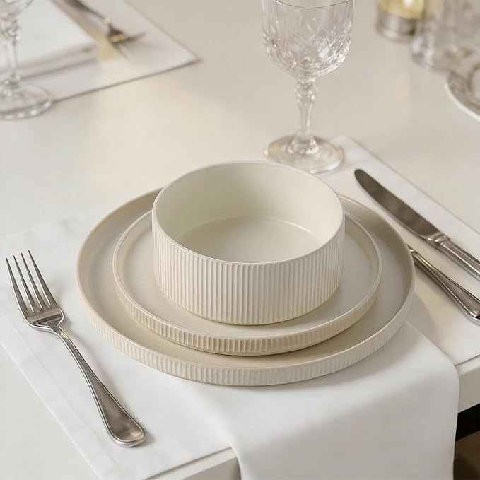 Dinnerware Set Service for 8, 24-Piece Ceramic Plates and Bowls Set, Chip & Scratch Resistant, Microwave and Dishwasher Safe, Modern Minimalist Tableware for Everyday Use, Matte White