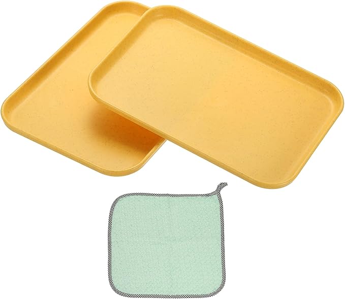 PATIKIL 9.5x6.9 Plastic Tray, 2 Pack Rectangular Plates Small Food Tray Wheat Plates Dishes Reusable Dessert Plate Trays with Cloth for Cake Fruits Salad Cupcake Steak Serving Yellow