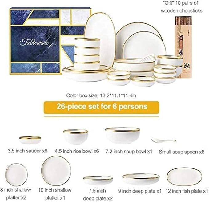 Dinnerware Sets - Luxury Gift Dishes Service Set, Dinnerware Sets Service for 2/4/6, Kitchen Plates and Bowls Sets White, Luxury Bone China Tableware(26Pcs), oujinmm2024327