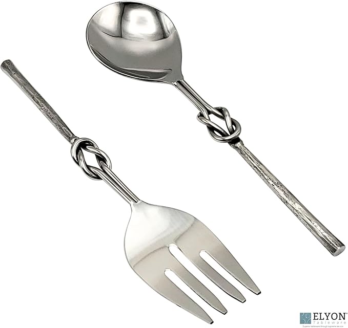 Elyon Reef Knot Reflective Silver Salad Serving Set Indian Artisan Made Hostess Set Hand Forged Stainless Steel 2 Pieces