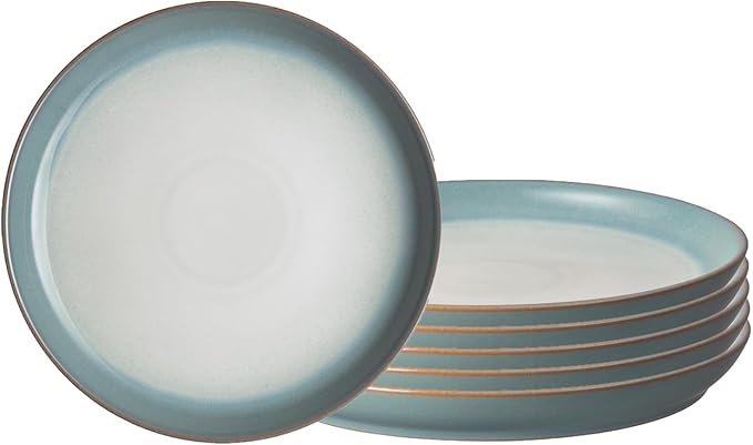 Denby - Azure Haze Coupe Small Plates Set of 6-6.75in Dishwasher Microwave Oven Safe - Reactive Blue Teal Glaze Appetizer Ceramic Stoneware Dinnerware Plates Set - Scratch Chip Resistant