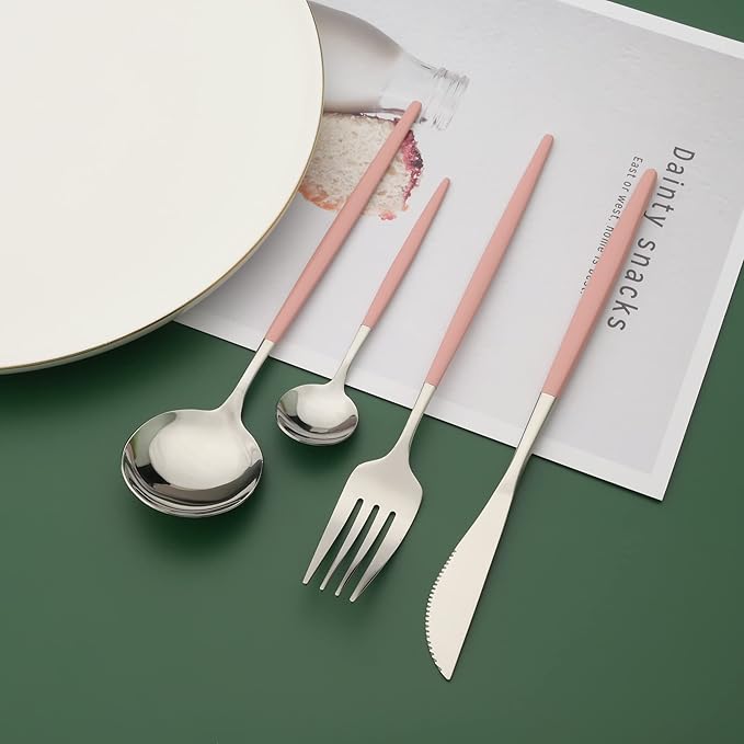 Silverware Set, 24 Pcs Stainless Steel Flatware Cutlery Set, Knives Forks and Spoons Set with Colored Handles, Rust-proof Serving Utensils, Mirror Polished, Service for 6 (Silver+Pink)