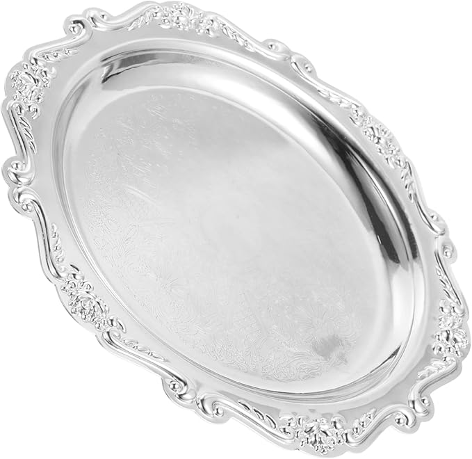 PRETYZOOM European Style Decorative Snack Plate Silver Embossed Candy Dish Vintage Cake Serving Tray for Weddings Parties Restaurants and Home Decor