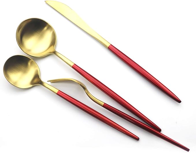 Gugrida Red Gold Flatware, Royal 5 Pieces Matte Black Handle 18/10 Stainless Steel Tableware Sets for 1 Including Forks Spoons Knives, Camping Silverware Travel Utensils Set Cutlery (Red Gold)