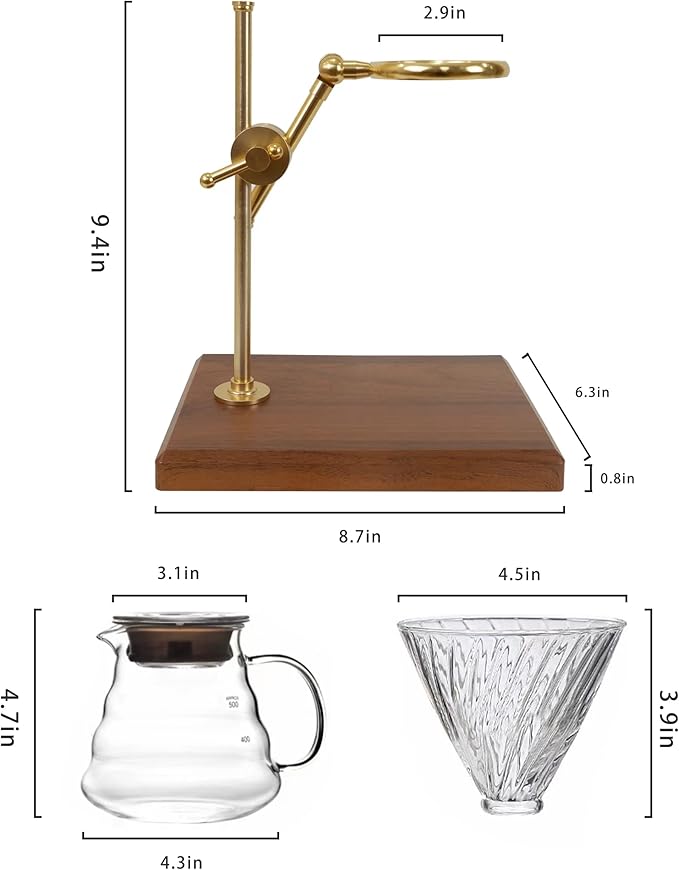 L'ÉPICÉA Pour Over Coffee Maker Set, Pour Over Coffee Maker with Stand, Adjustable Stainless Steel Stand, Wooden Base, Paper Filters, Cone Glass Coffee Carafe, Pour Over Coffee Dripper