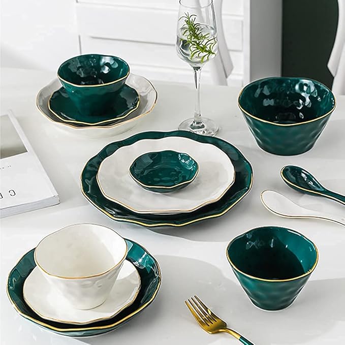 Classic 52 Pcs Dinnerware Sets, Nordic Style Bone Porcelain Tableware Set with Plates Dish and Bowls, Green White Ceramic Dinner Set with Gold Rim for Home Kitchen,