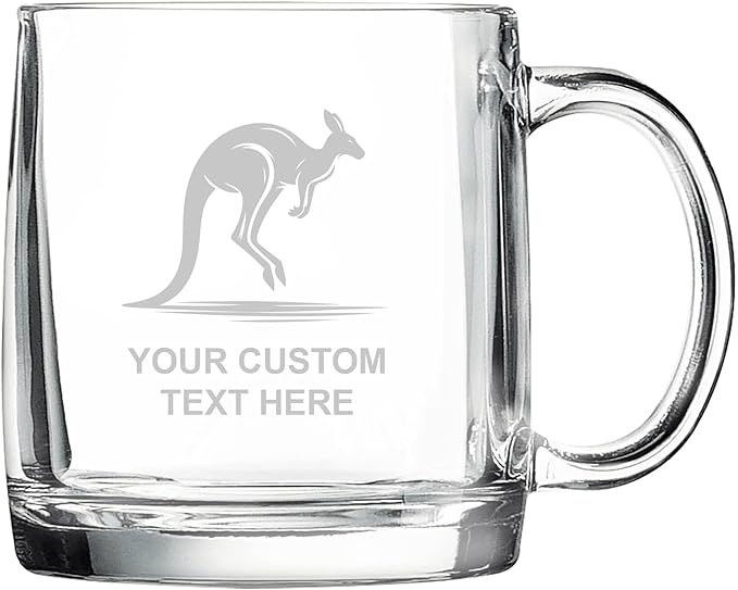 Kangaroo, Personalized 12.5 oz Polar Camel Glass Coffee Desk Mug – Custom Laser Engraved Clear Cup for Tea, Espresso, Latte, Whiskey - Microwave Safe/Made in USA