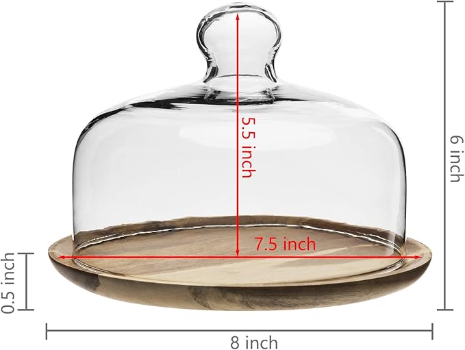MyGift Cloche Dome Clear Glass Dessert Cheese Serving Tray 7.5 Inch Small Cake Cupcake Stand with Acacia Wood Base for Party Wedding