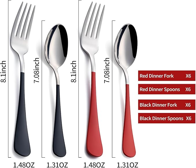您之前提供的信息： Onlycooker 24 piece Black and Red Forks and Spoons Silverware Set,Black and Red Handle Silverware 18/0 Stainless Steel Flatware Forksand Spoons Dessert of 24